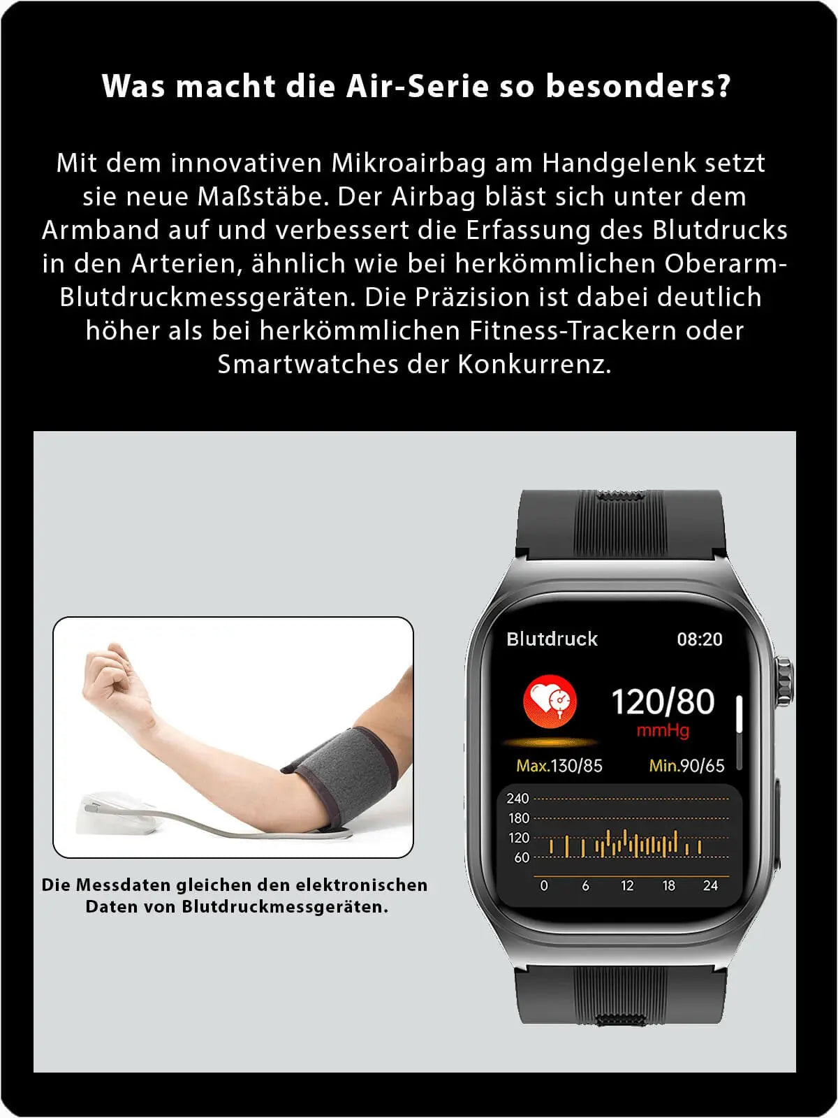 VitaFit Air3 Smartwatch mit Blutdruckmessung Pumparmband Meditakt  Gesundheitsuhren