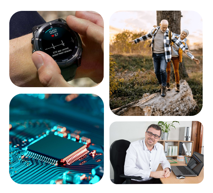 Collage aus vier Bildern: Smartwatch zeigt Gesundheitsdaten, aktives Seniorenehepaar beim Spazierengehen, moderner OSRAM-Sensor für präzise Messungen und freundlicher MediTakt-Kundenberater am Schreibtisch Gesundheitsuhren EKG.