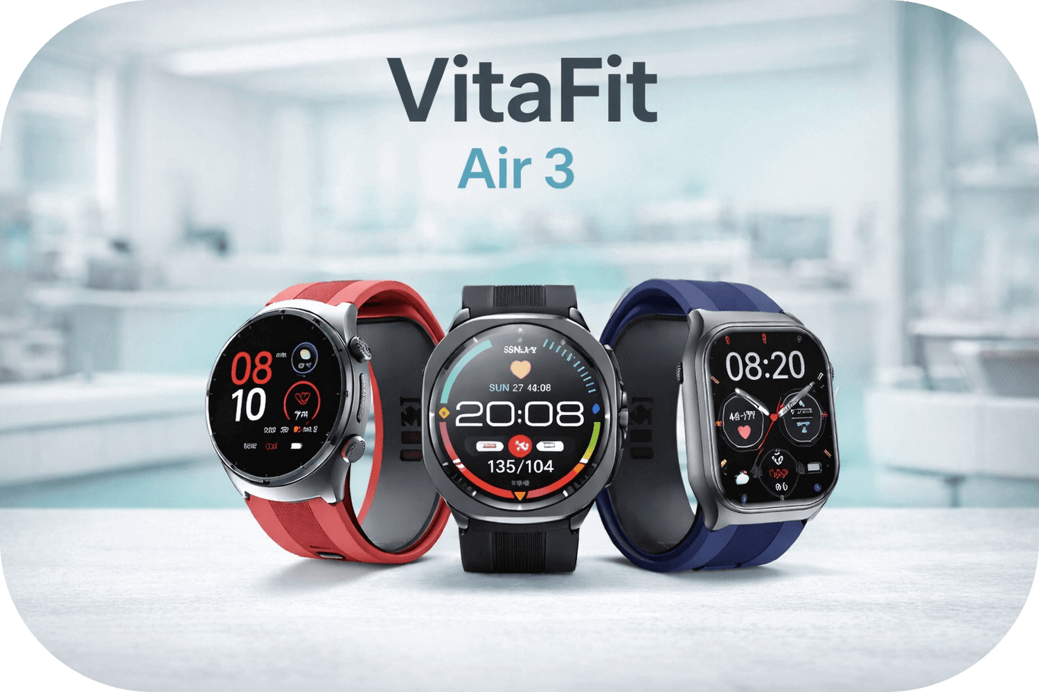 VitaFit Air 3 Smartwatches mit Fitness- und Gesundheitsfunktionen, drei Designvarianten nebeneinander präsentiert